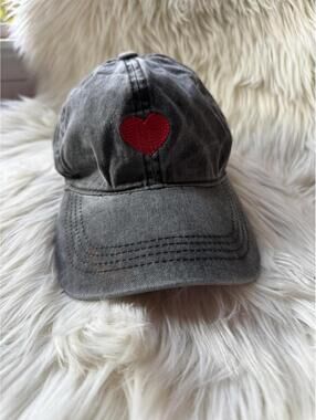 Gray Washed Baseball Cap with Red Heart Embroidery